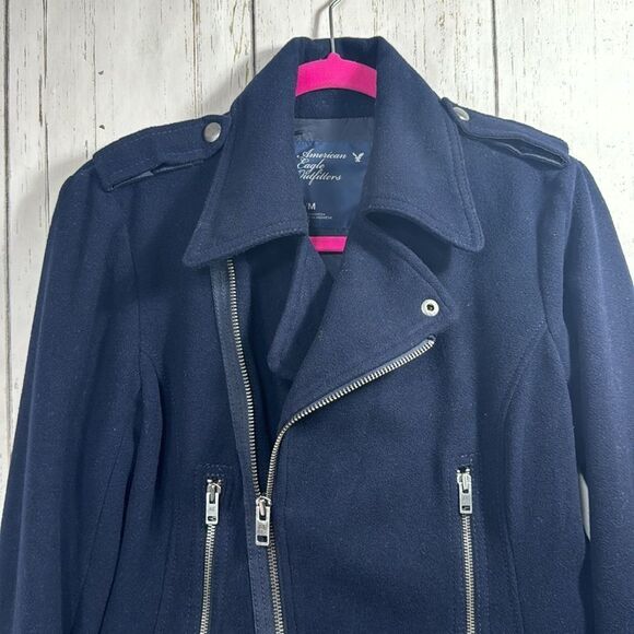 American Eagle Outfitters Asymmetrical Wool Blend Navy Blue Zip Moto Jacket - Picture 6 of 16